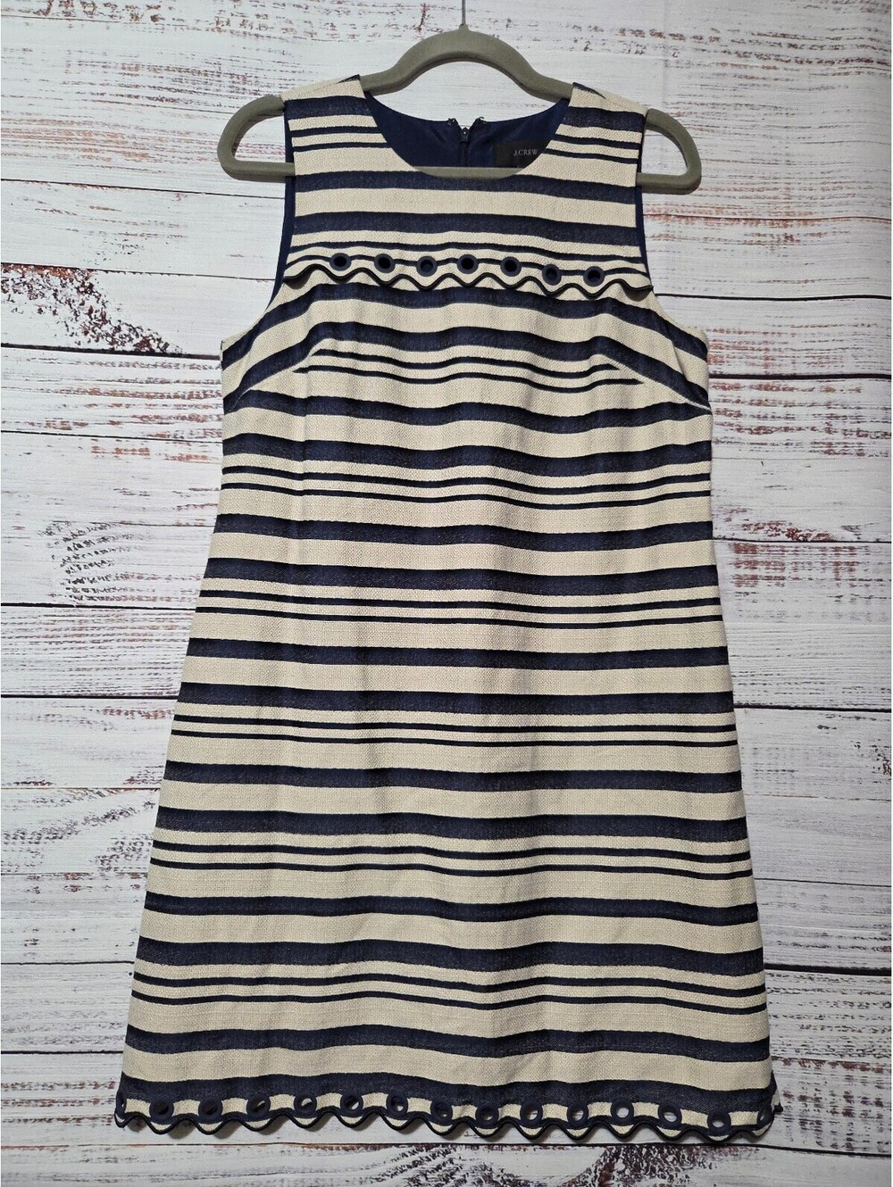 J.Crew Shift Dress Size 8 Navy and Cream Striped Sleeveless with Eyelet Detail